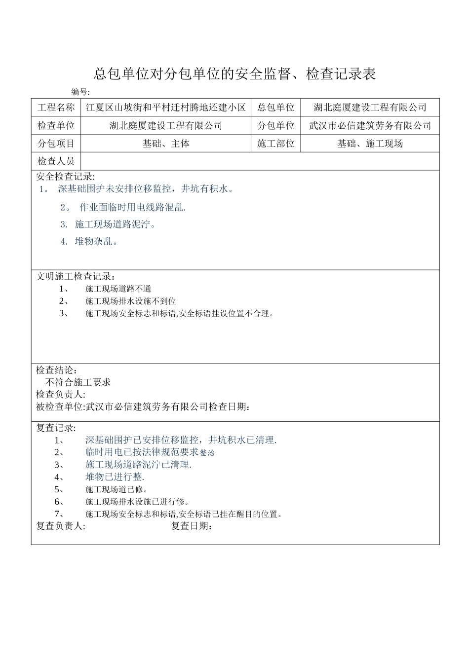 总包单位对分包单位的安全监督、检查记录表_第1页