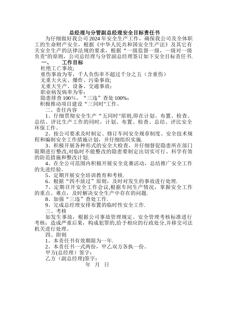 总经理与分管副总安全责任书_第1页