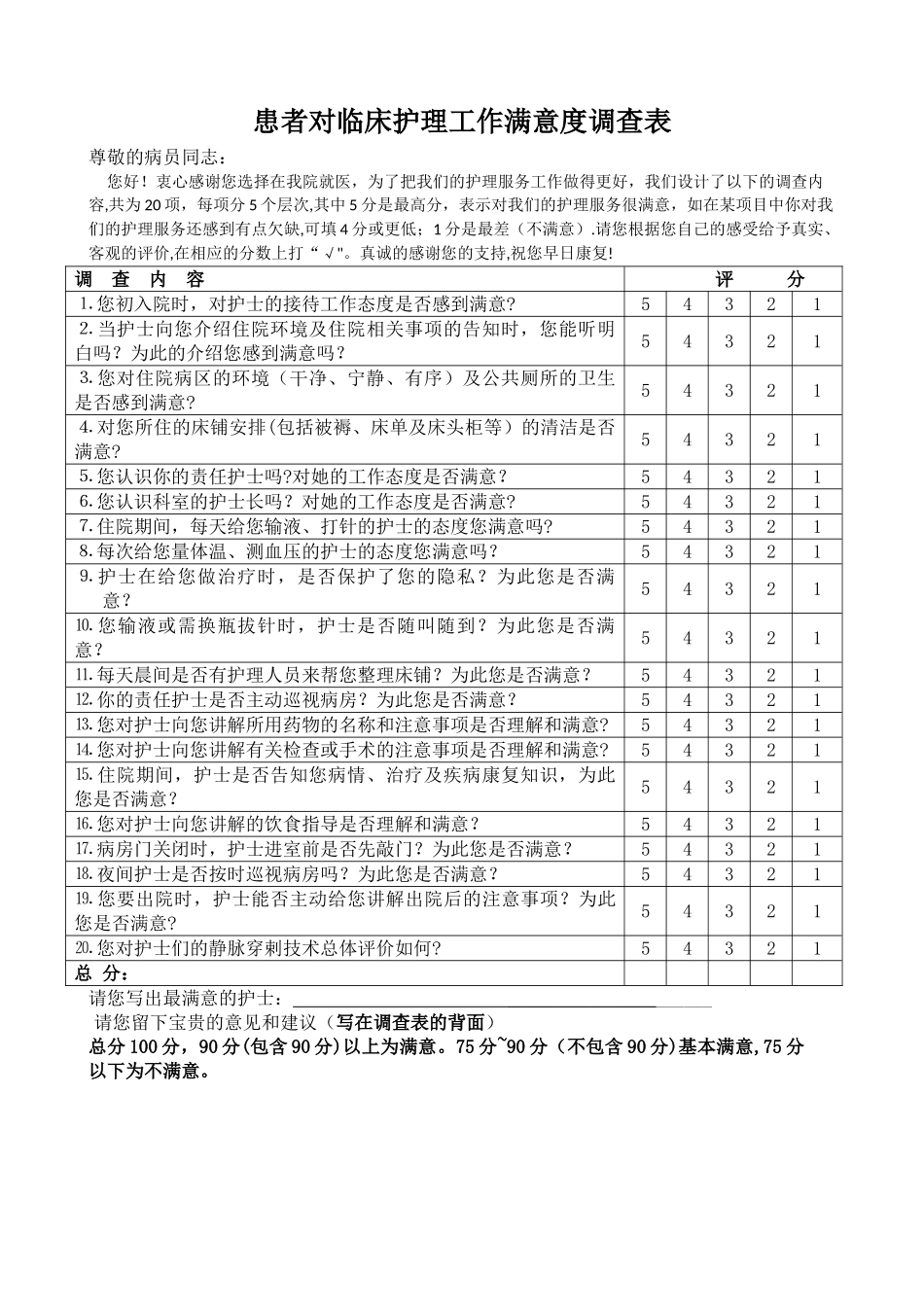 患者对临床护理工作满意度调查表_第1页