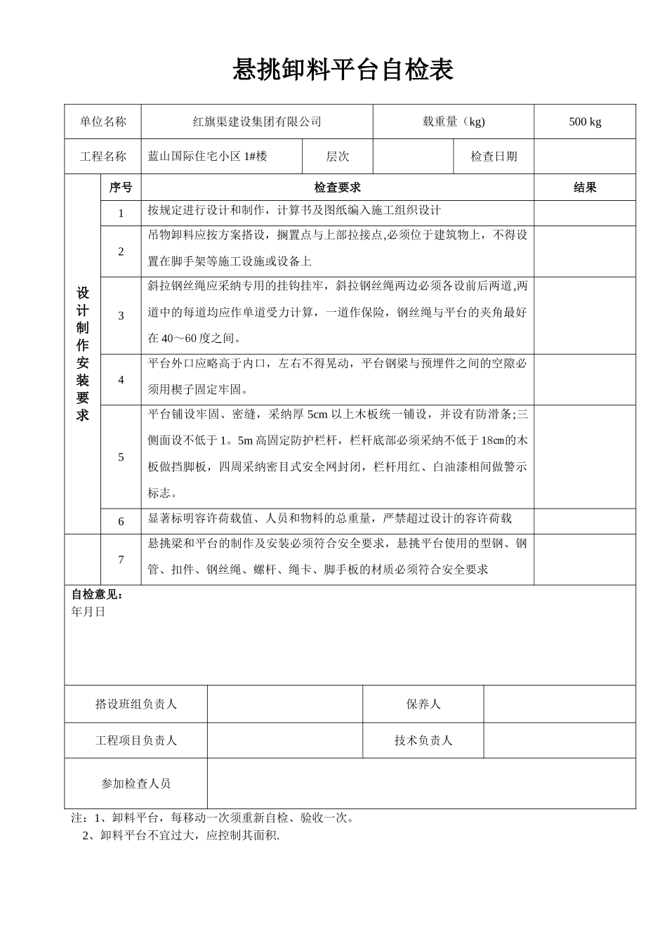 悬挑卸料平台检查、验收表_第1页