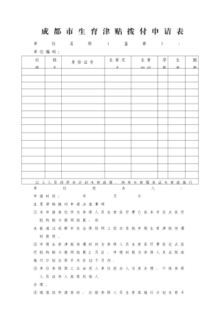 成都市生育津贴拨付申请表