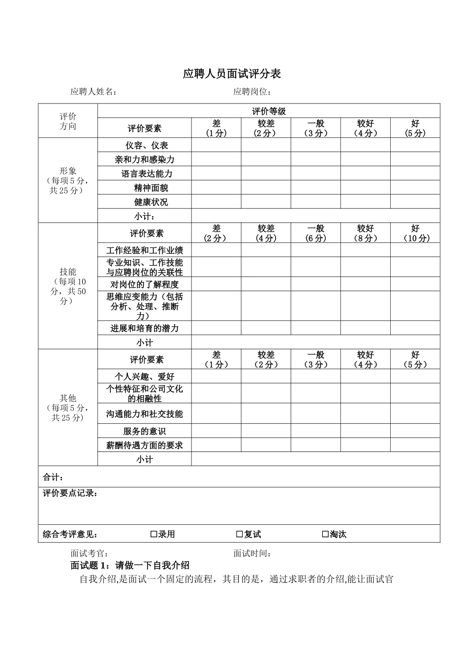 房地产置业顾问面试问题、答案及评分表_第1页