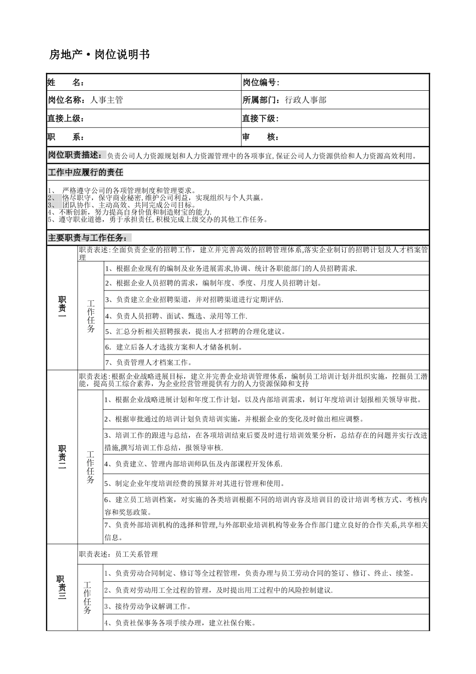 房地产行政人事部人事主管岗位说明书_第1页