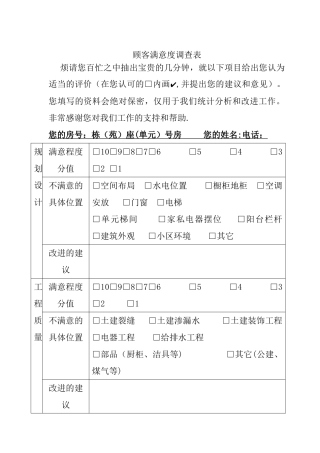 房地产顾客满意度调查表模板