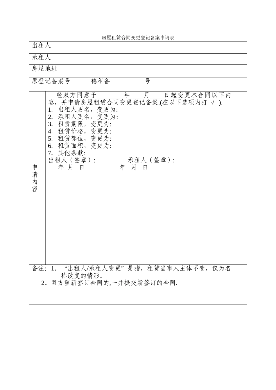 房屋租赁合同变更登记备案申请表_第1页
