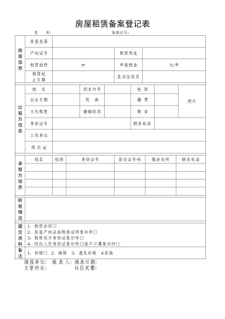 房屋租赁备案登记表