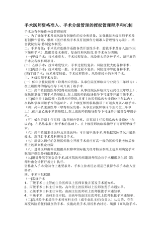 手术医师资格准入、手术分级管理的授权管理程序和机制1