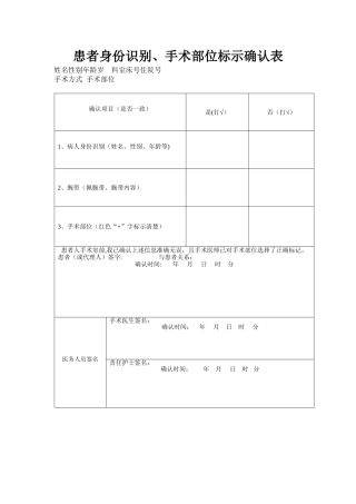 手术部位识别标示确认表