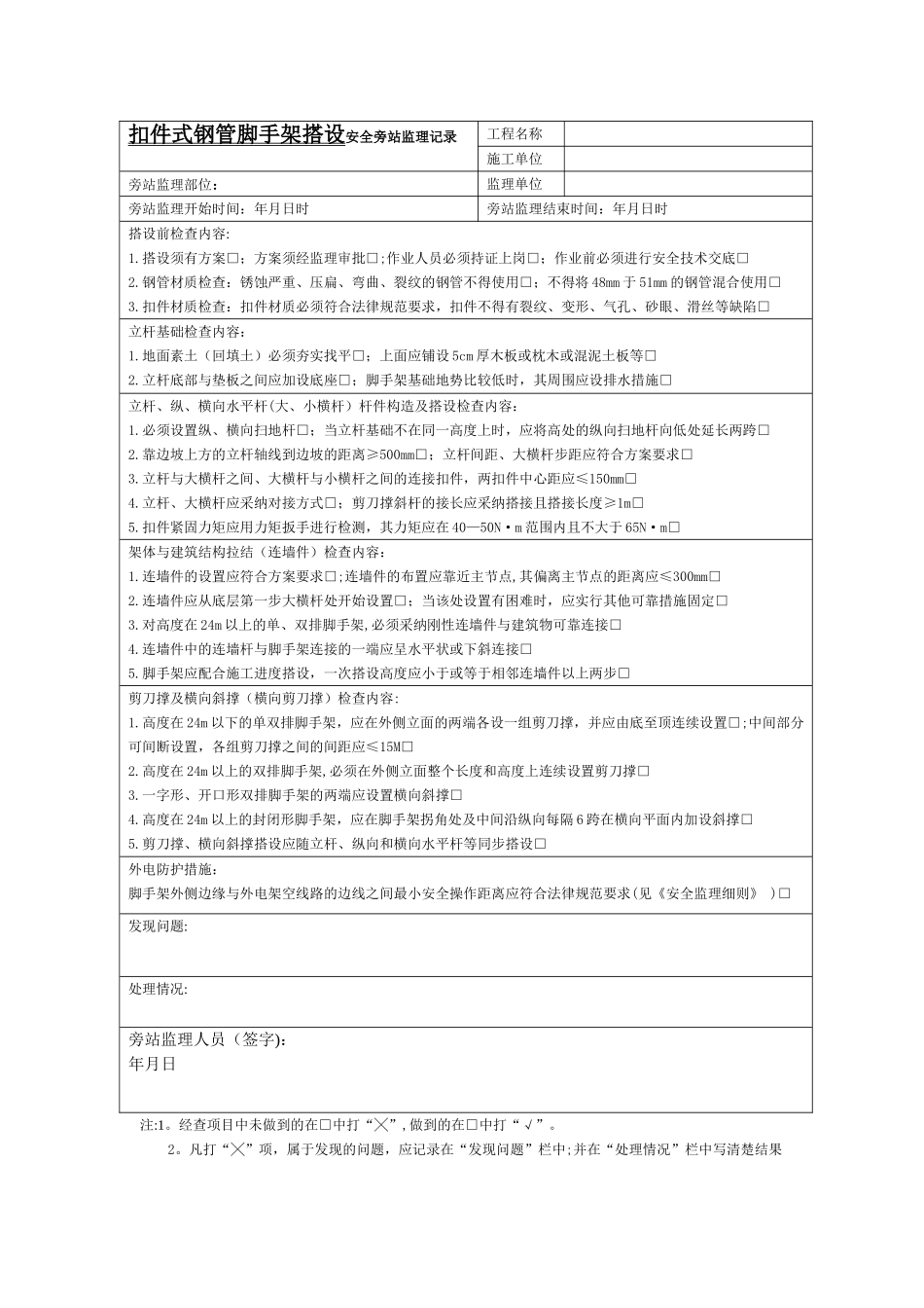 扣件式钢管脚手架搭设-安全旁站监理记录_第1页
