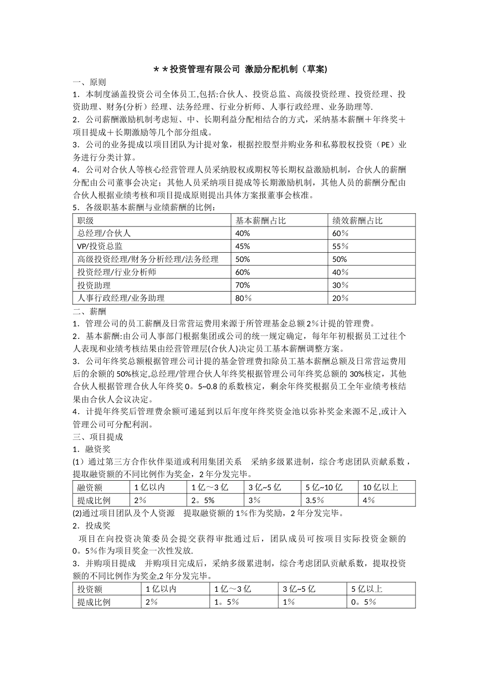 投资管理有限公司-激励分配机制_第1页