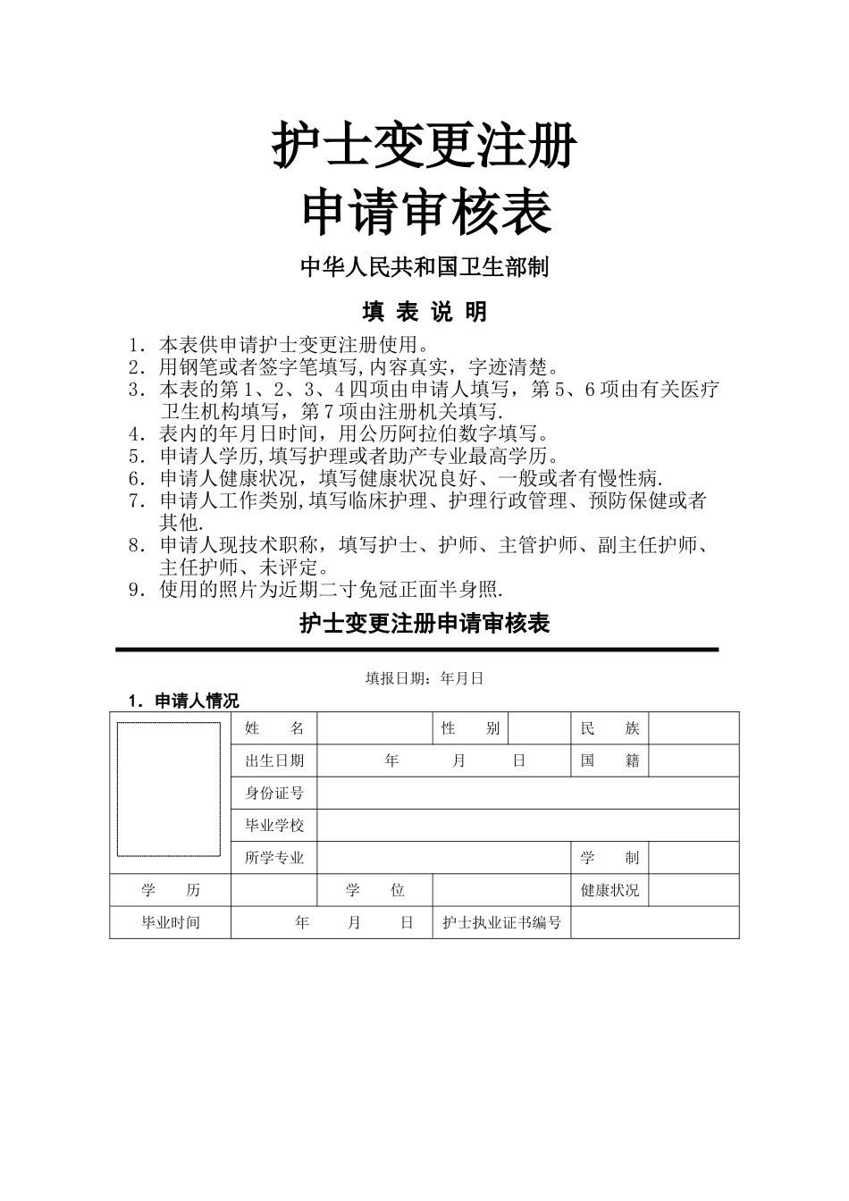 护士变更注册申请审核表完整版_第1页