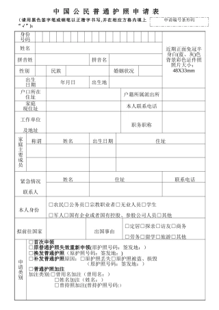 护照申请表格