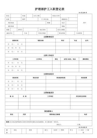 护理部护工入职登记表