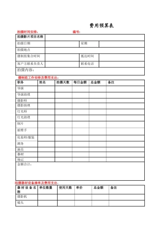 拍摄等影视项目费用预算表