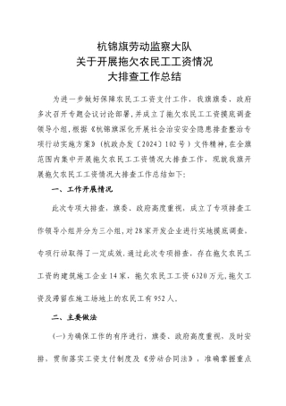 拖欠农民工工资情况大排查工作总结