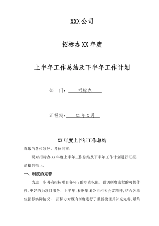招标办公室XX年度上半年工作总结及下半年工作计划