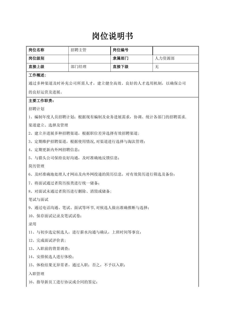 招聘主管岗位职责、岗位说明书_第1页