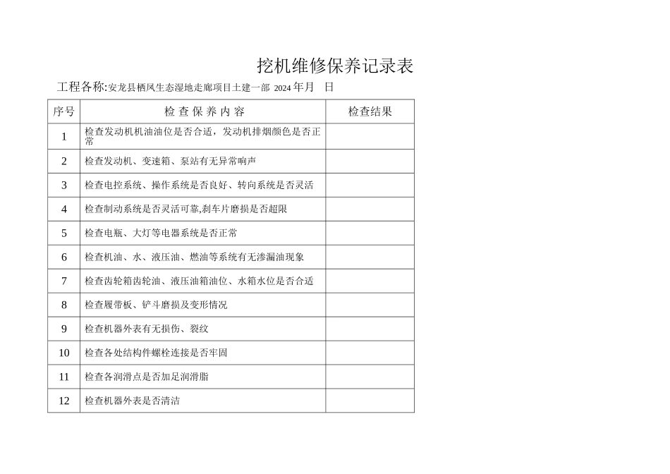 挖掘机日巡检及维修保养记录表_第1页
