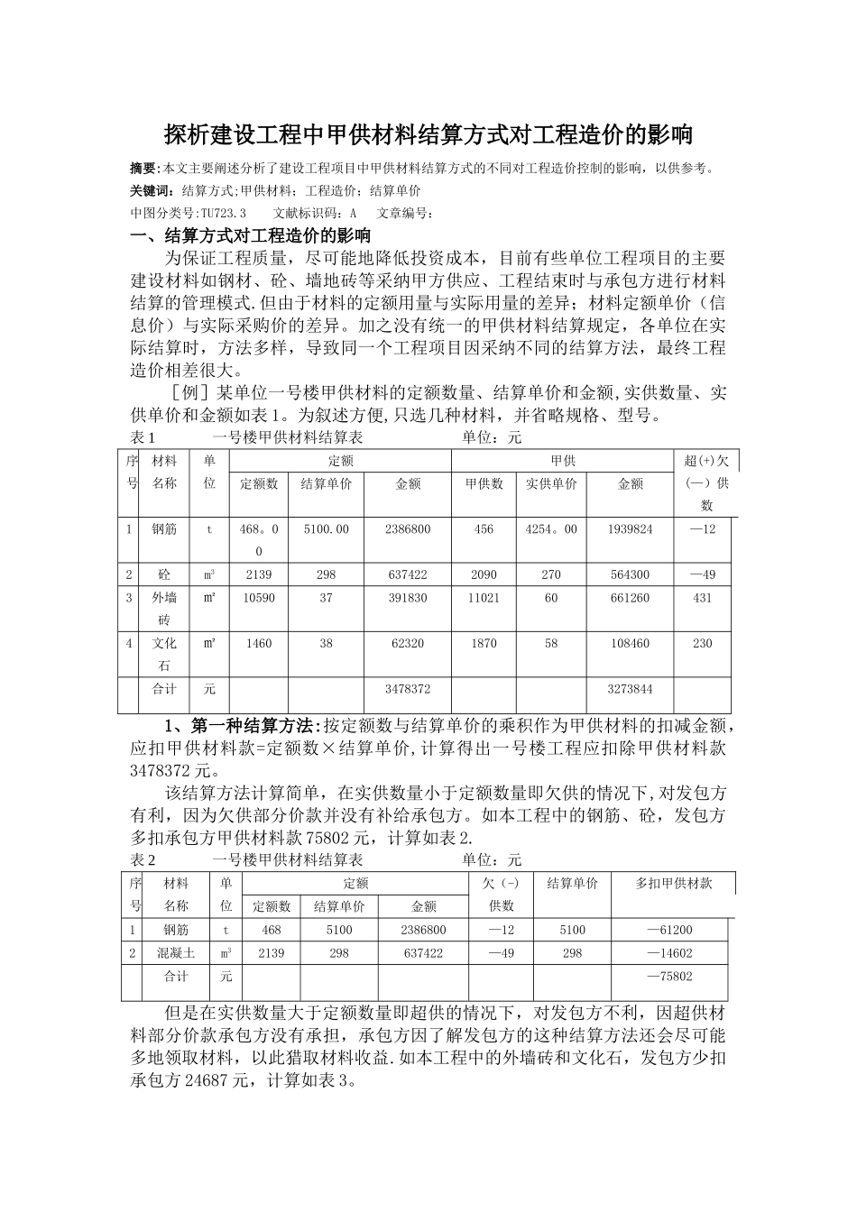 探析建设工程中甲供材料结算方式对工程造价的影响_第1页