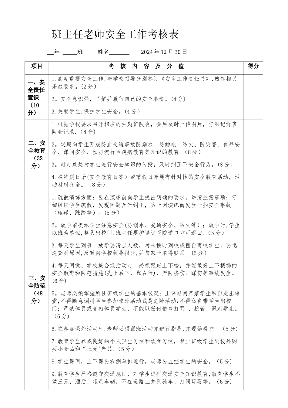 教师安全工作考核表_第1页
