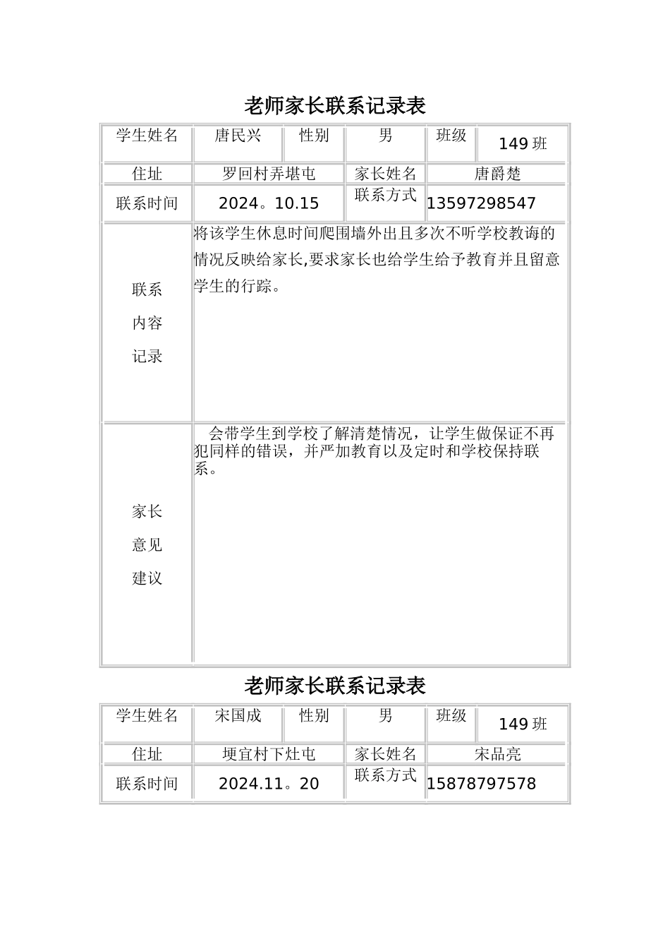 教师家长联系记录表_第1页