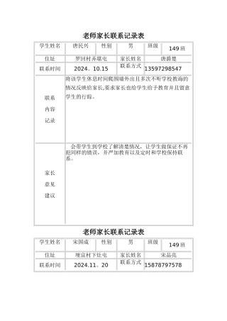 教师家长联系记录表