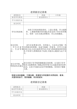 教师家访记录表表格
