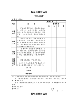 教师教学质量评估考核表