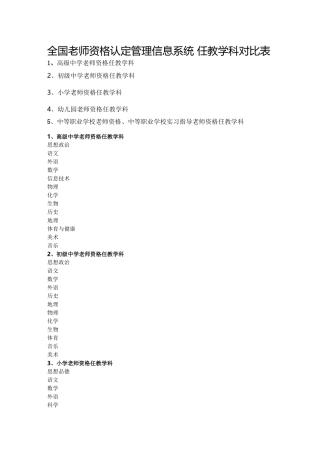 教师资格任教学科对照表