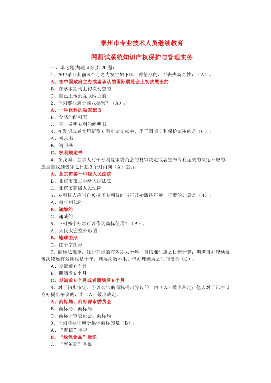 2025年泰州市专业技术人员继续教育网知识产权测试答案_第1页