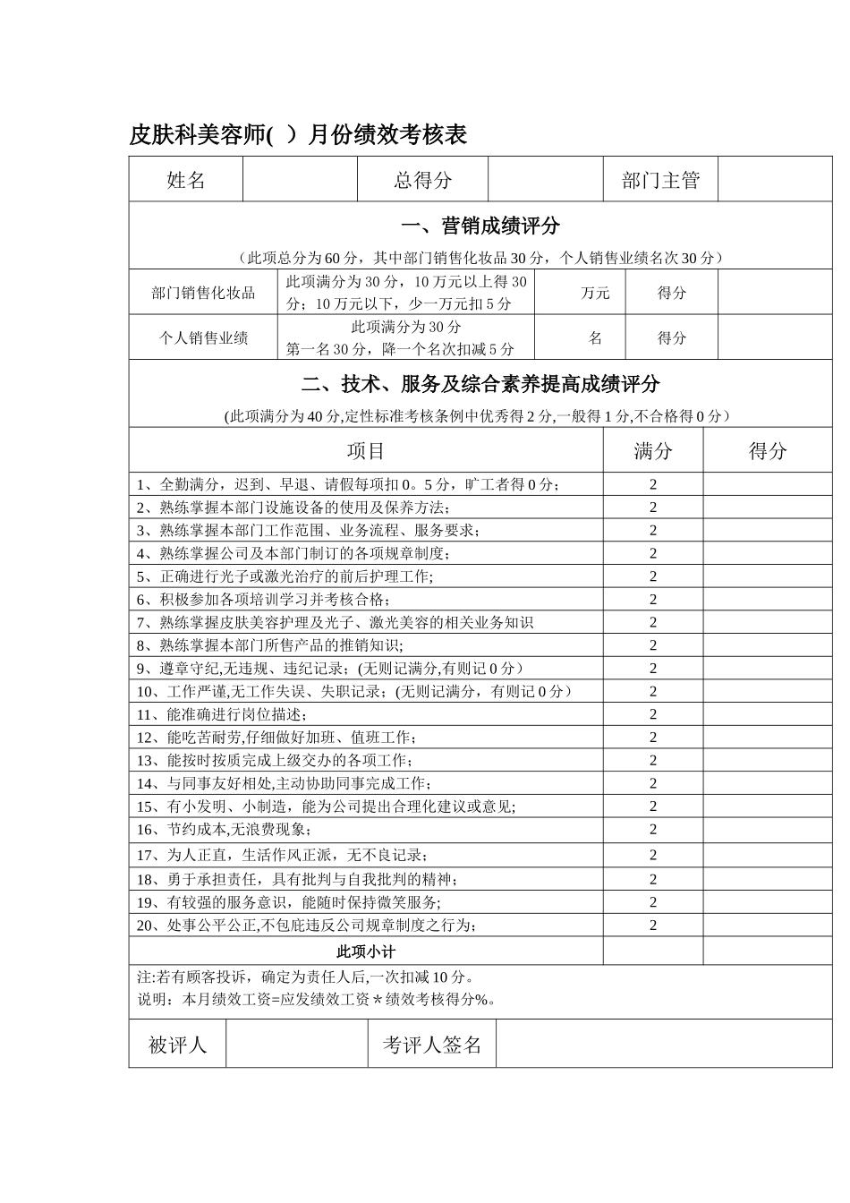 整形医院各部门绩效考核表_第3页