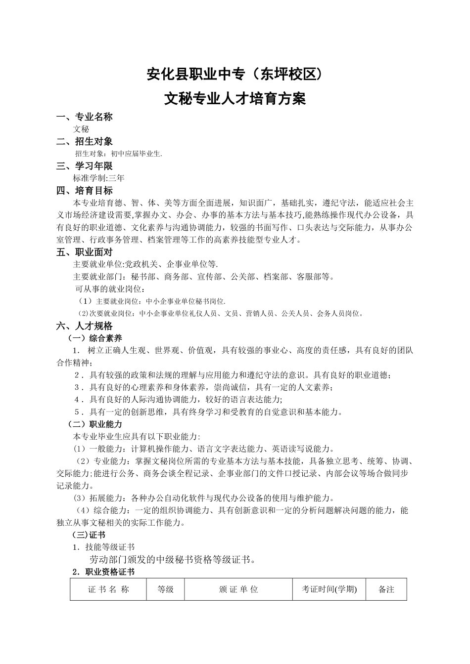 文秘专业人才培养方案_第1页