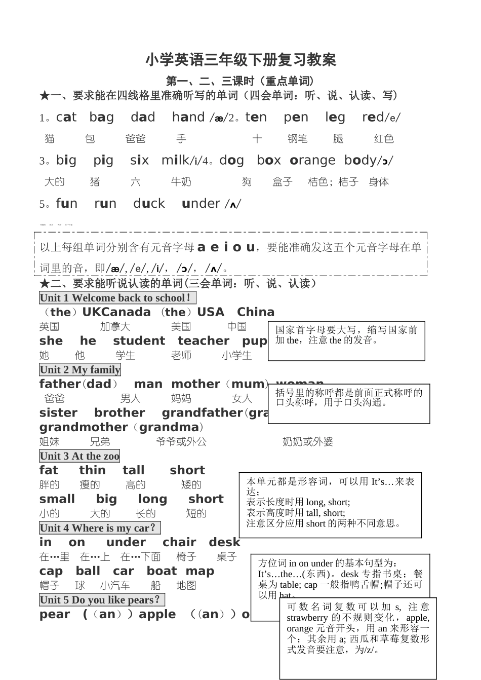 新PEP小学英语三年级下册总复习教案_第1页