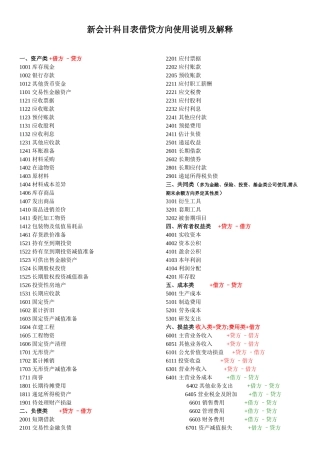 新会计科目表借贷方向使用说明及解释