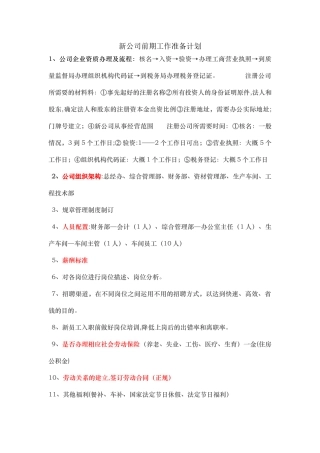 新公司前期工作准备计划