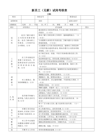 新员工试岗期考核表