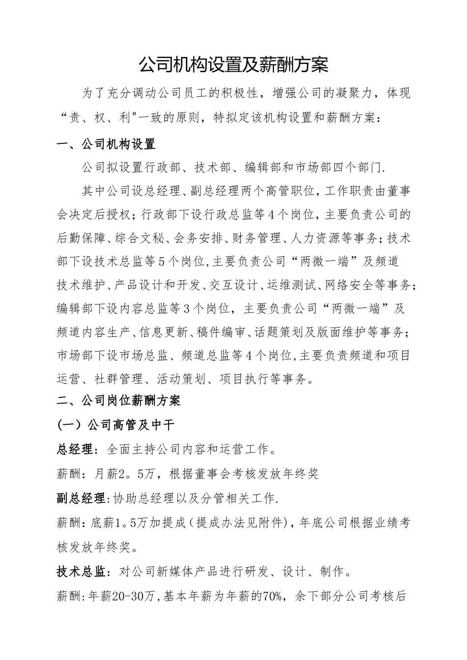 新媒体公司机构设置、薪酬方案及激励机制_第1页