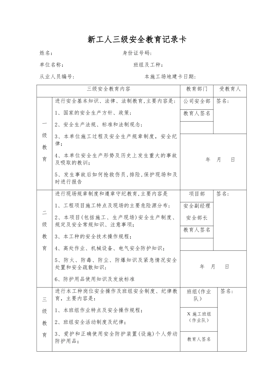 新工人三级安全教育记录卡签到表_第1页