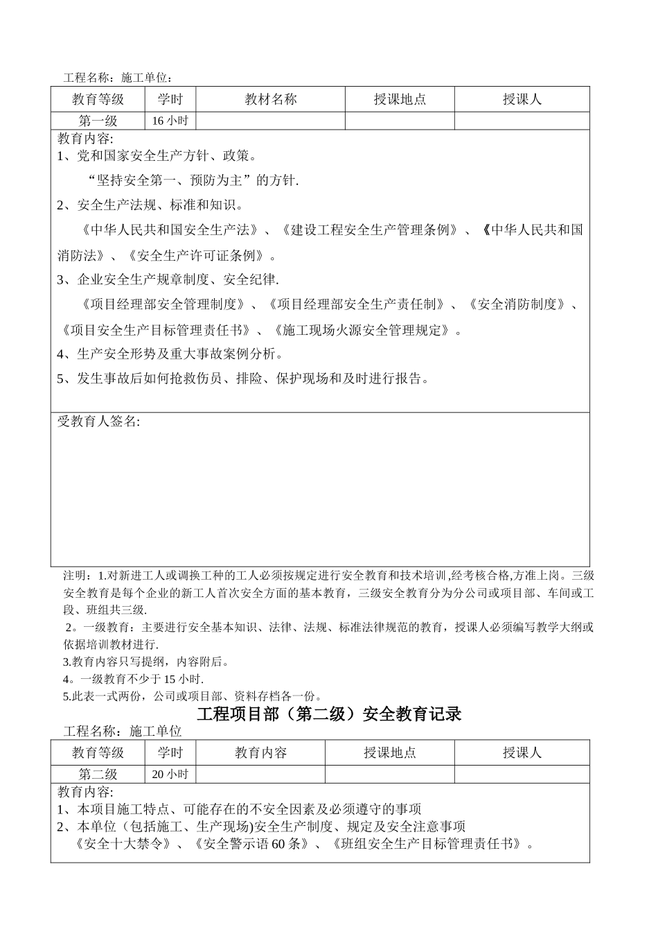 新工人入场三级安全教育表(含教育)_第2页
