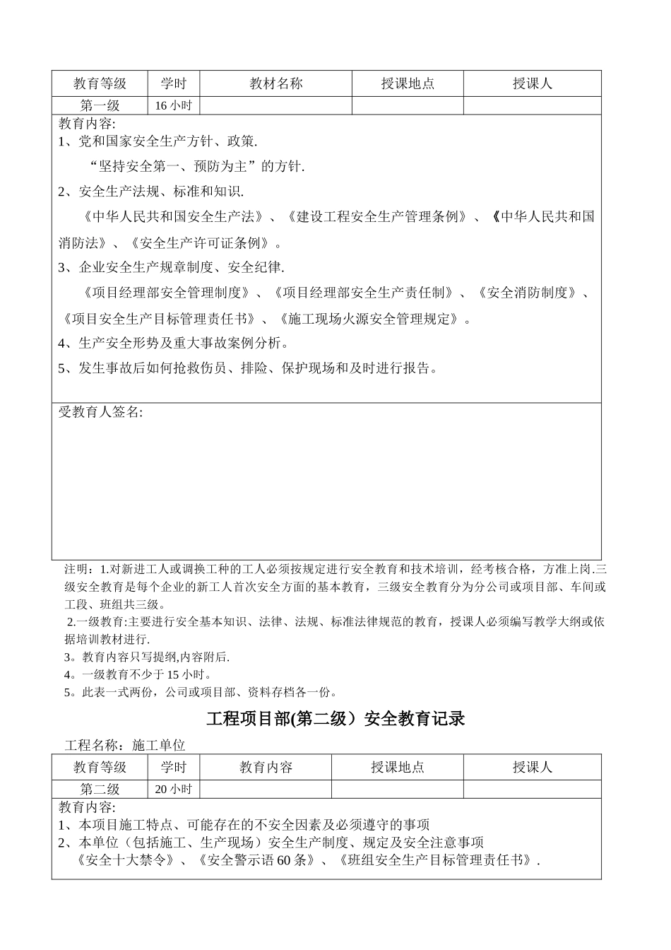 新工人入场三级安全教育表_第2页