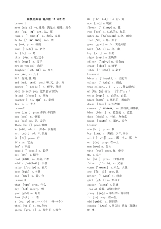 新概念英语青少版1A1B2A2B单词表词汇