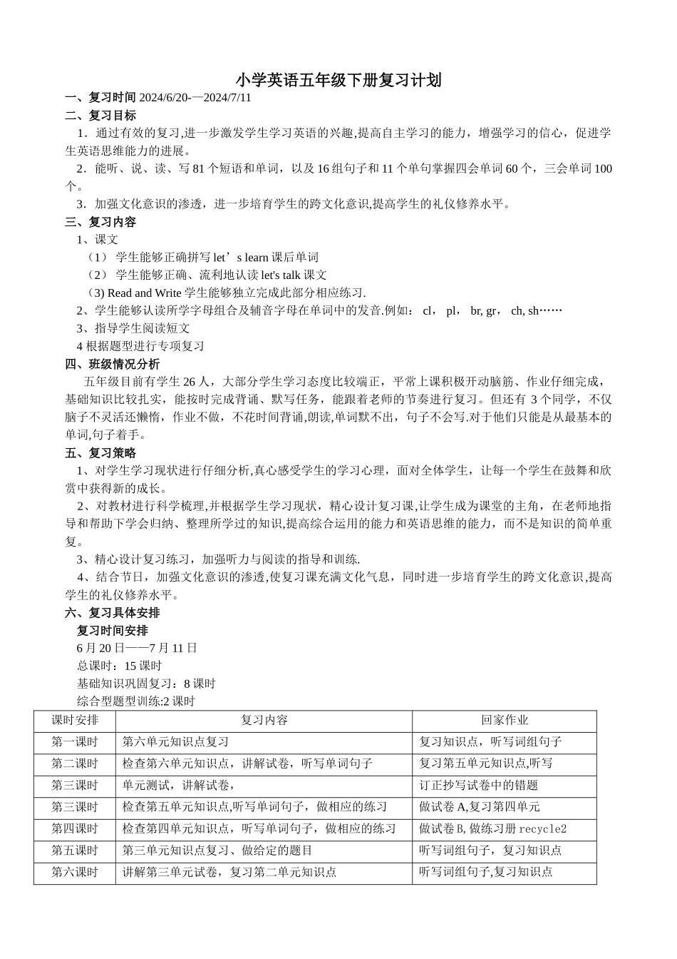新版PEP五年级下册复习计划_第1页