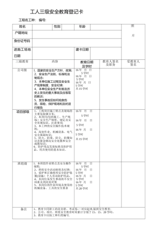 新版建筑工人三级安全教育登记卡