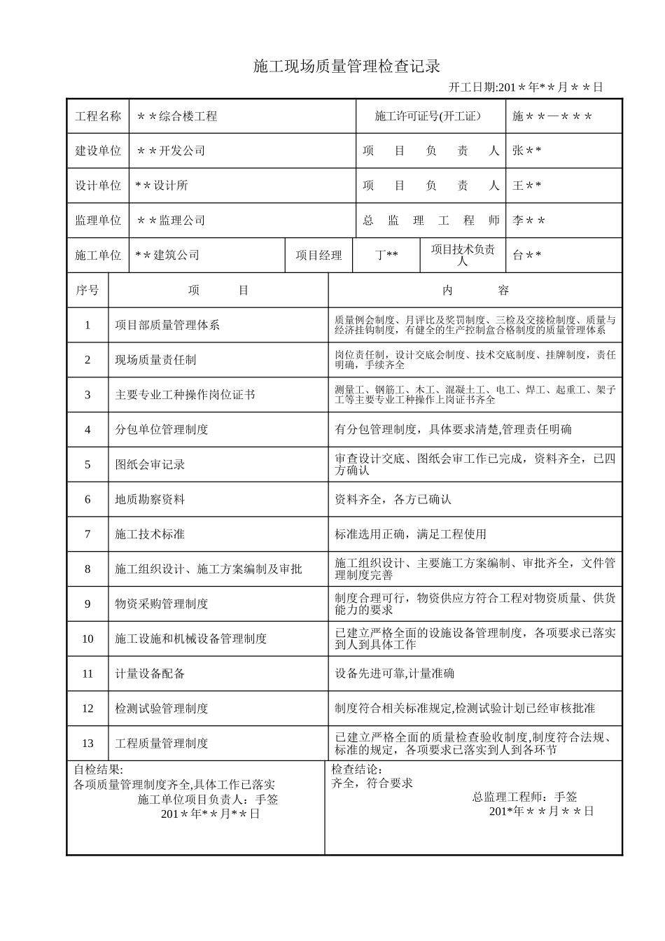 新版质量验收---施工现场质量管理检查记录填表范例-_第1页