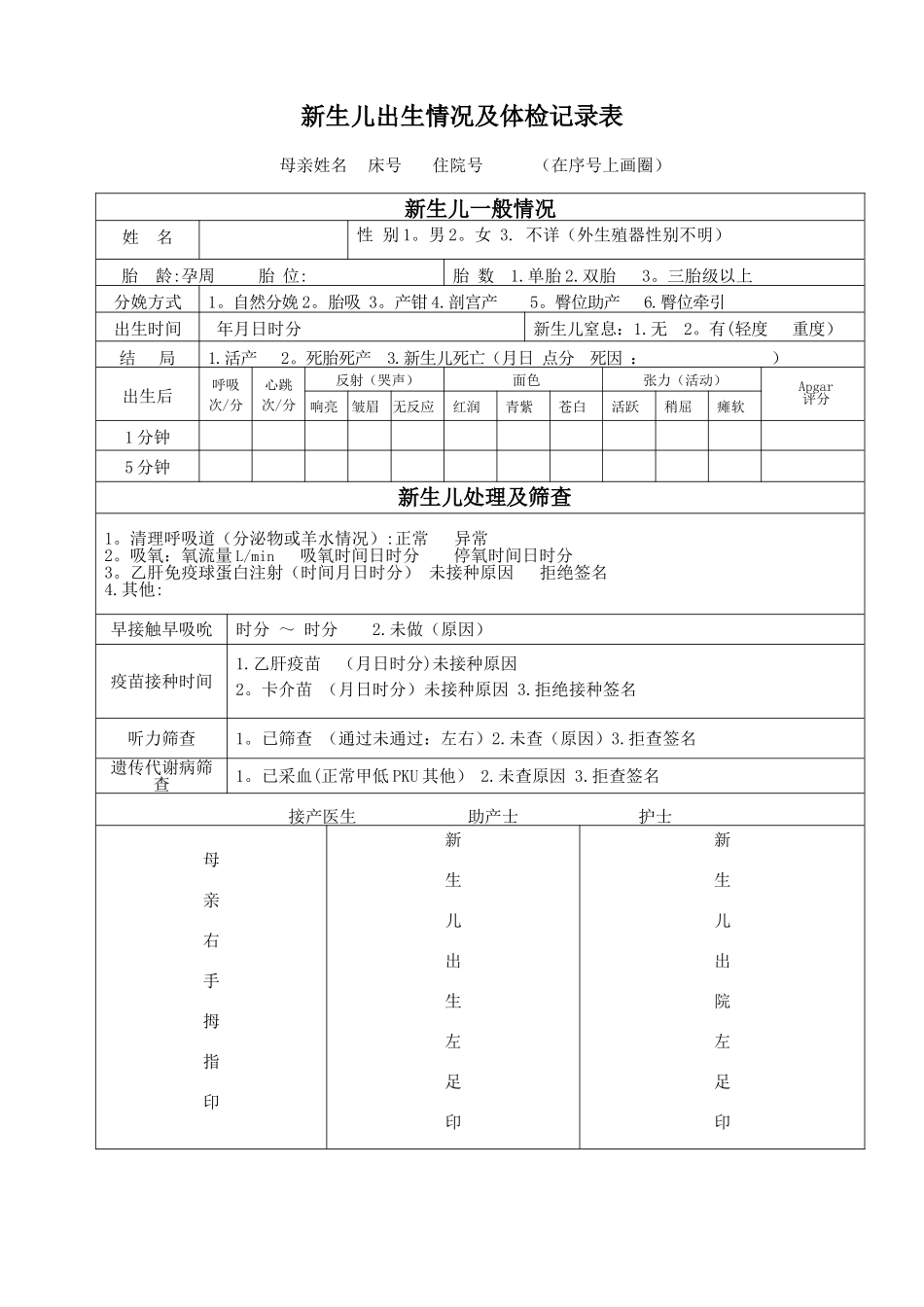 新生儿出生情况及体检记录表_第1页