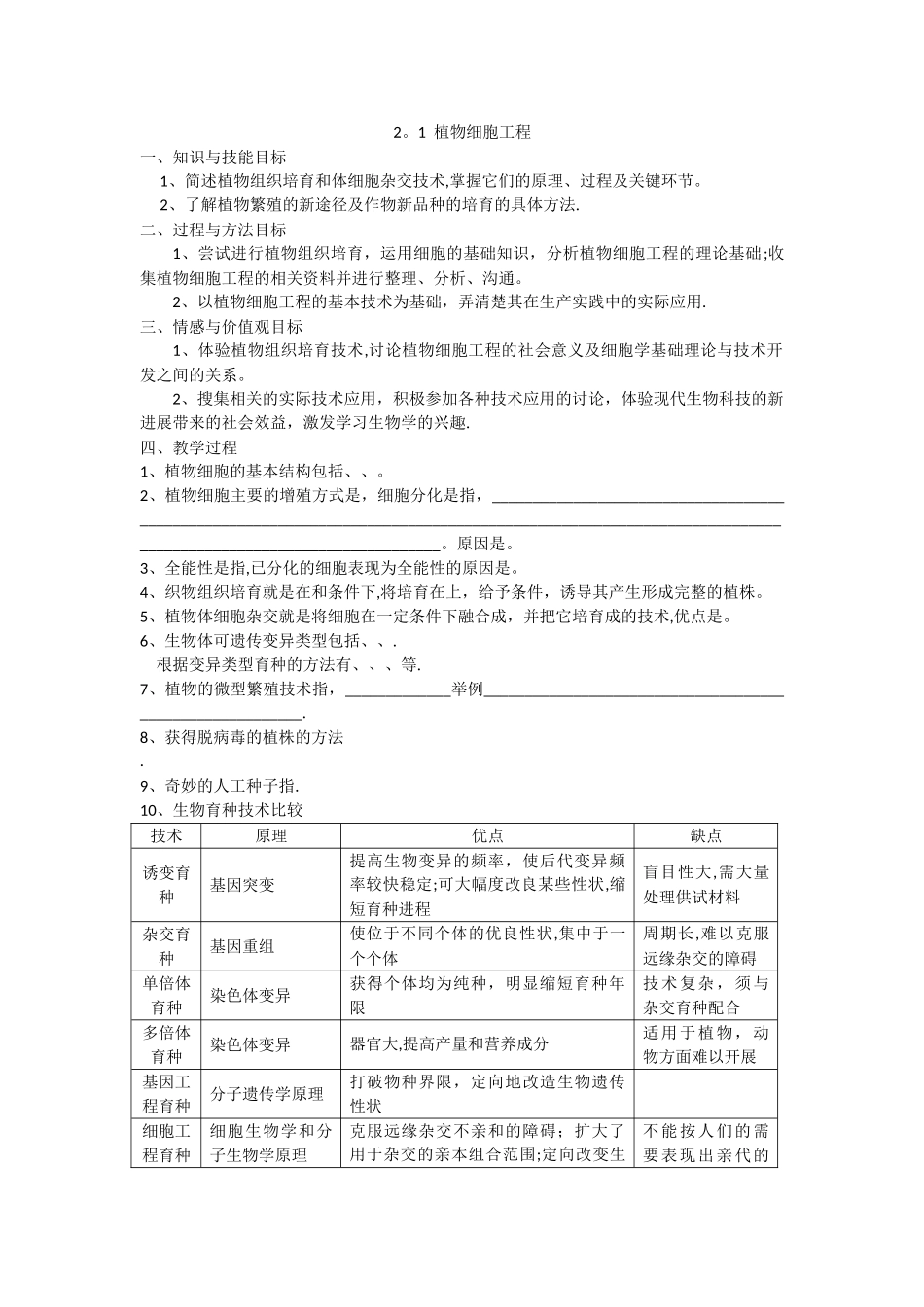 新课标高中生物选修三2.1植物细胞工程导学案_第1页