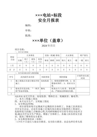 施工单位安全月报模板