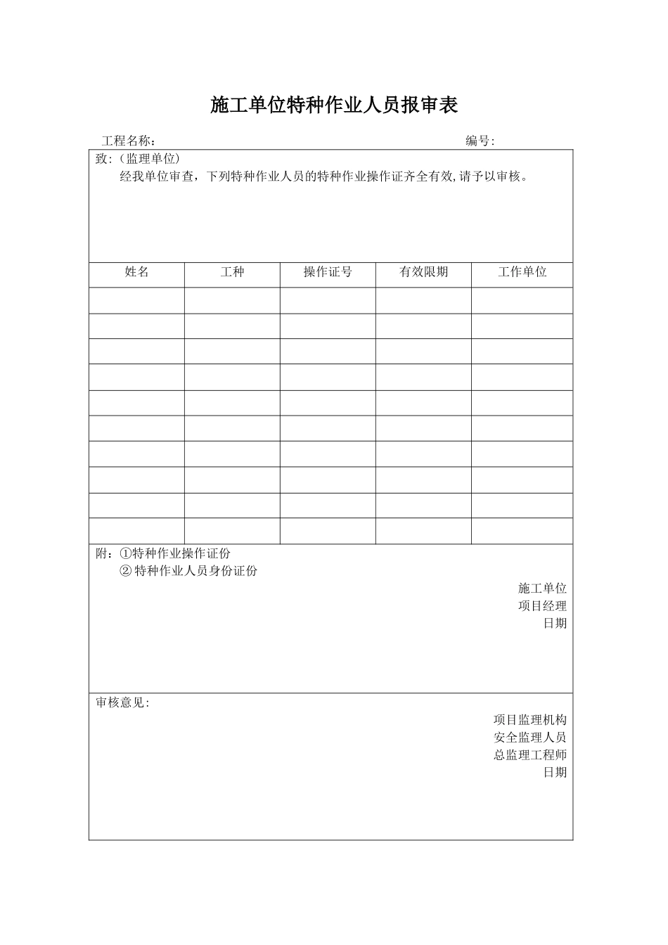 施工单位特种作业人员报审表_第1页
