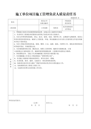 施工单位项目施工管理负责人质量责任书