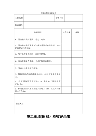 施工围墙围挡验收记录表